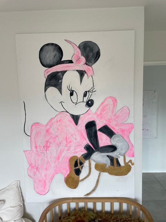 The Famous Mouse original painting detail, acrylic on canvas, colourful abstract brushwork in yellow, pink, green and grey, handmade by Victoria Lorenz