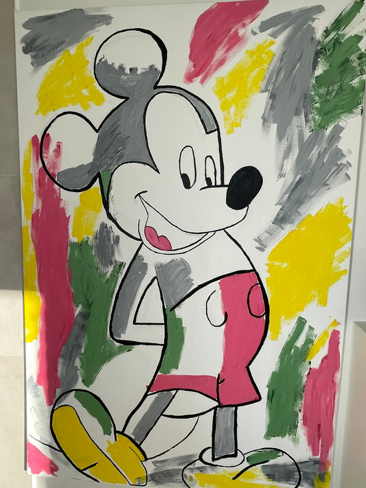 A colorful painted portrait of Mickey Mouse on a white canvas, with abstract brushstrokes in yellow, green, pink, gray, and black around him.