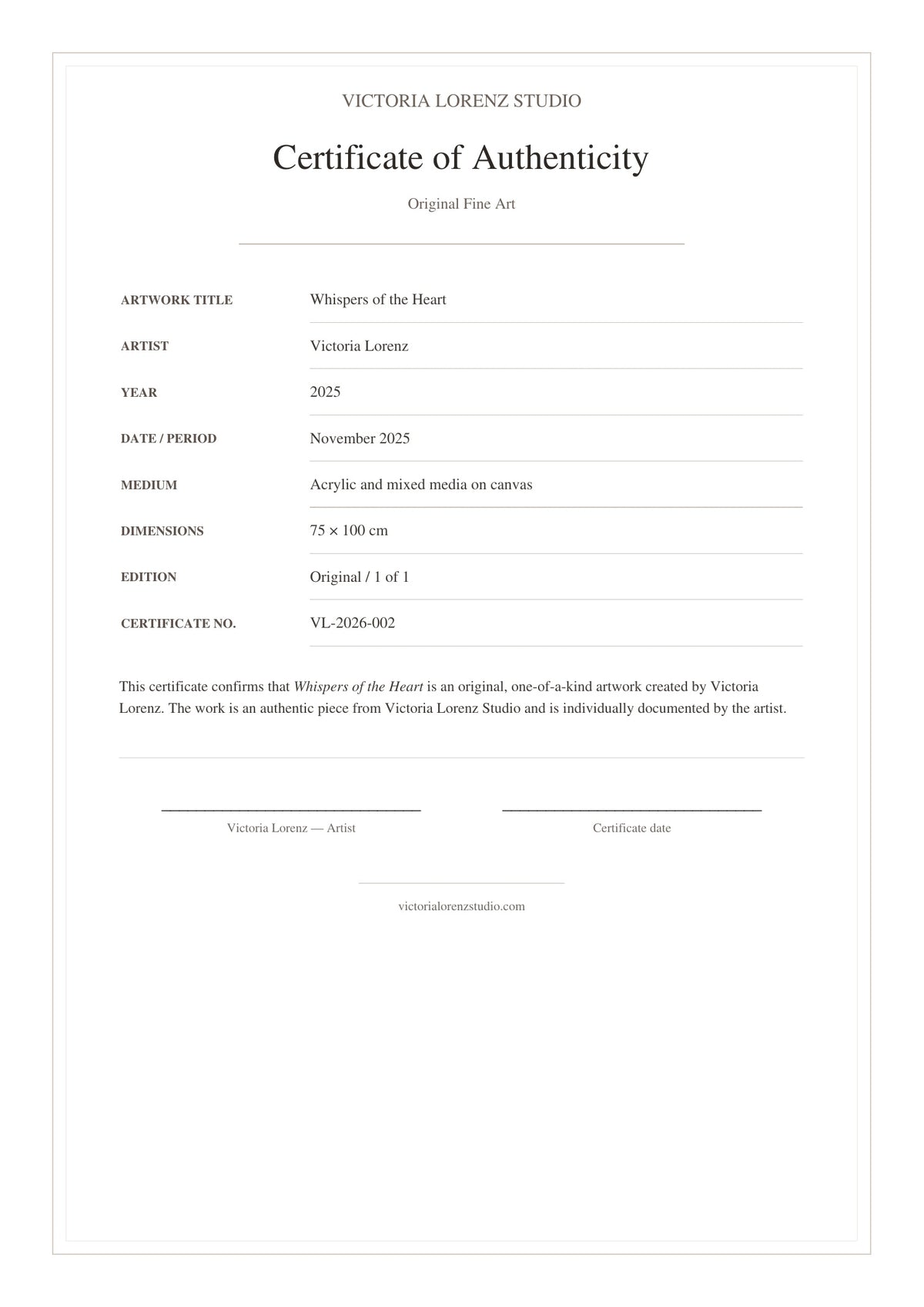 Certificate of authenticity for Whispers of the Heart, an original abstract painting by Victoria Lorenz.
