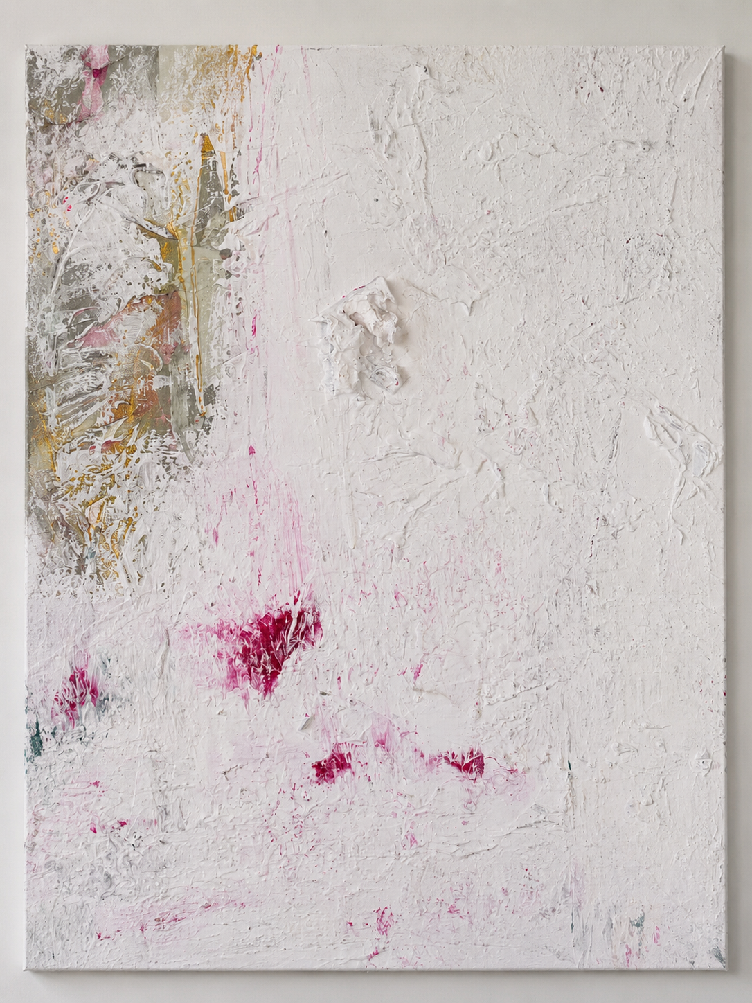 Detailed view of Whispers of the Heart with expressive textured brushstrokes in white, grey, blush and gold.