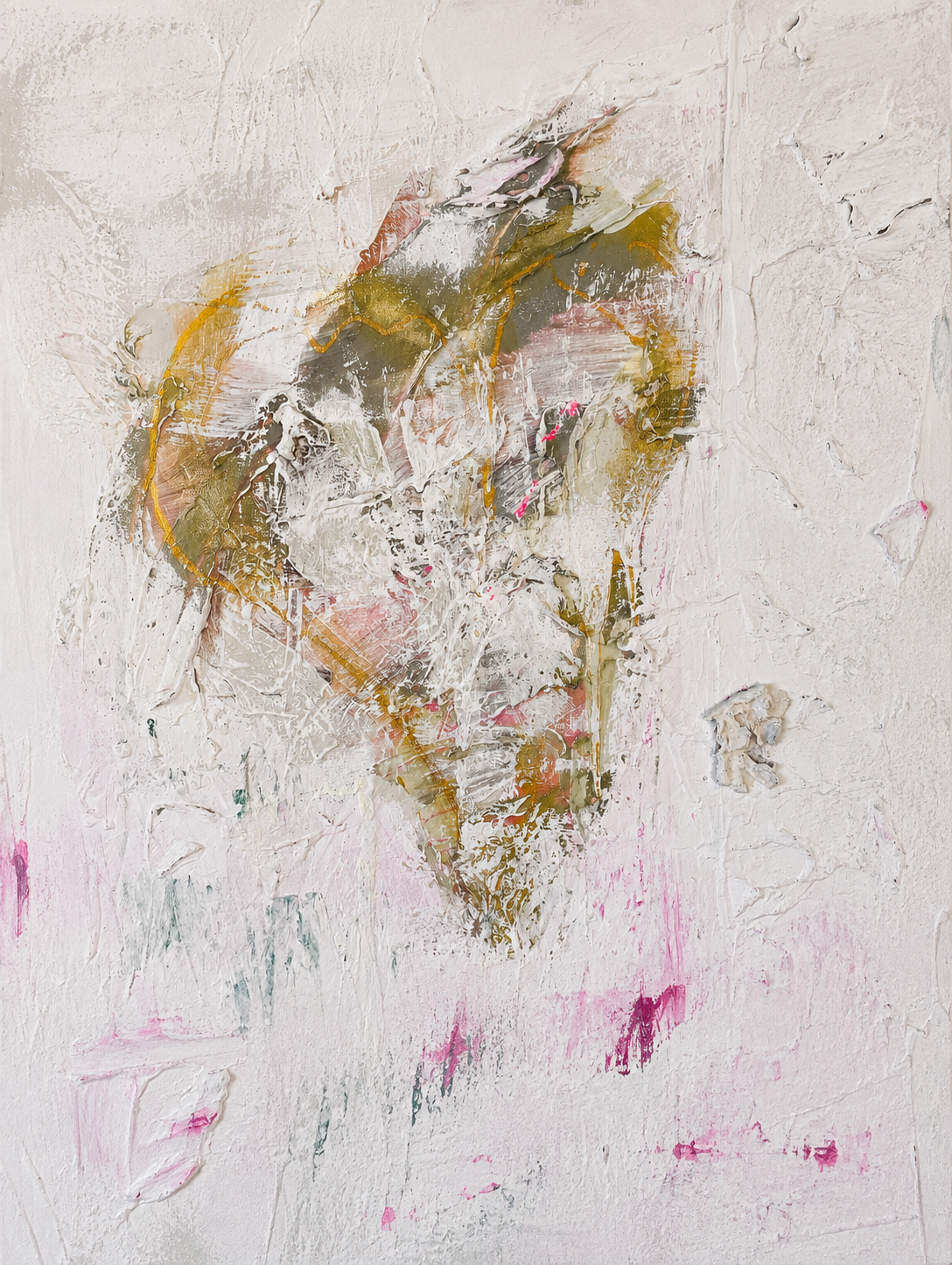 Close-up of Whispers of the Heart showing layered texture, gold accents and soft blush pink details.