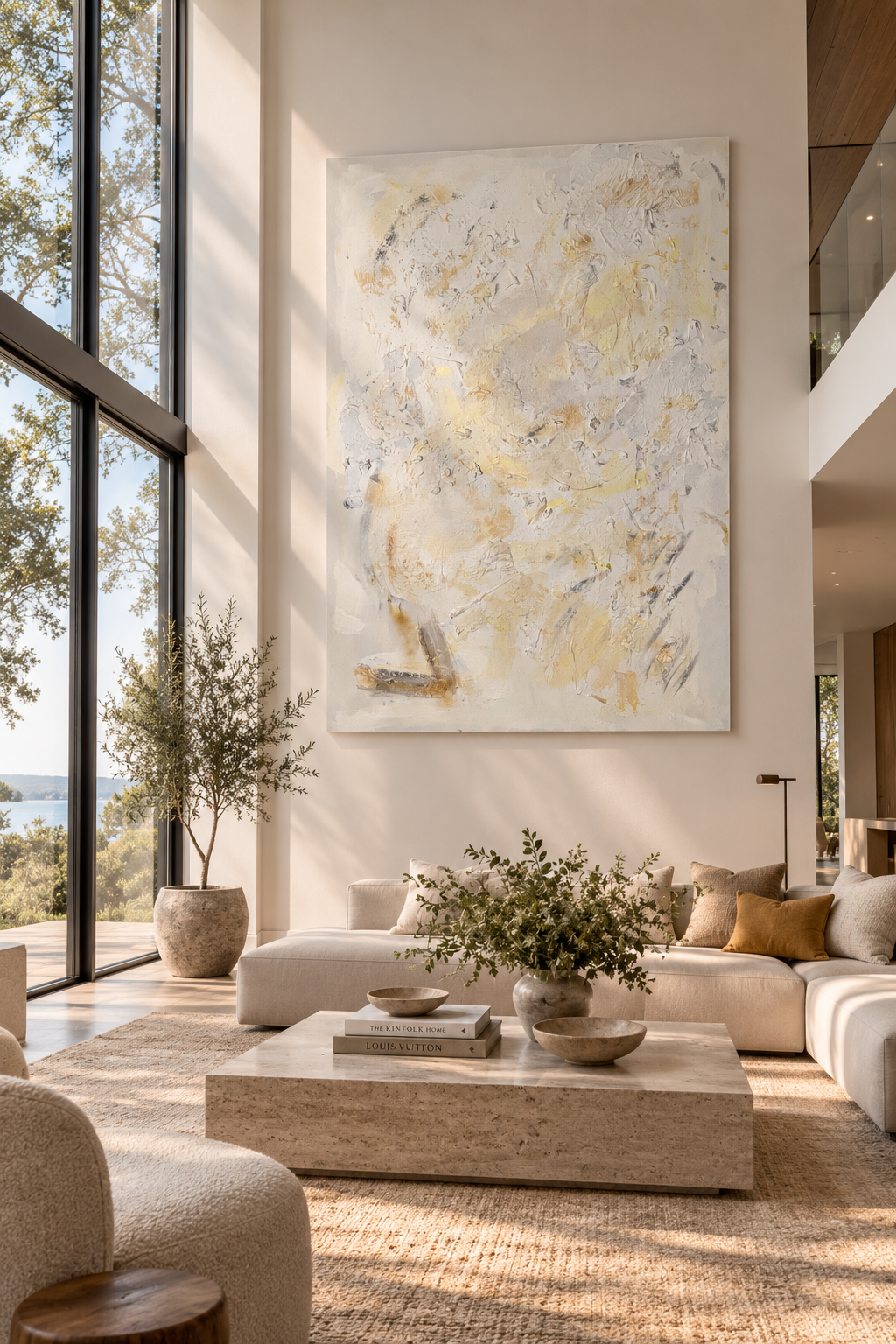 Whispers of Light original abstract painting by Victoria Lorenz displayed above a console in an elegant neutral-toned interior, featuring soft white, ivory, beige and muted golden textures