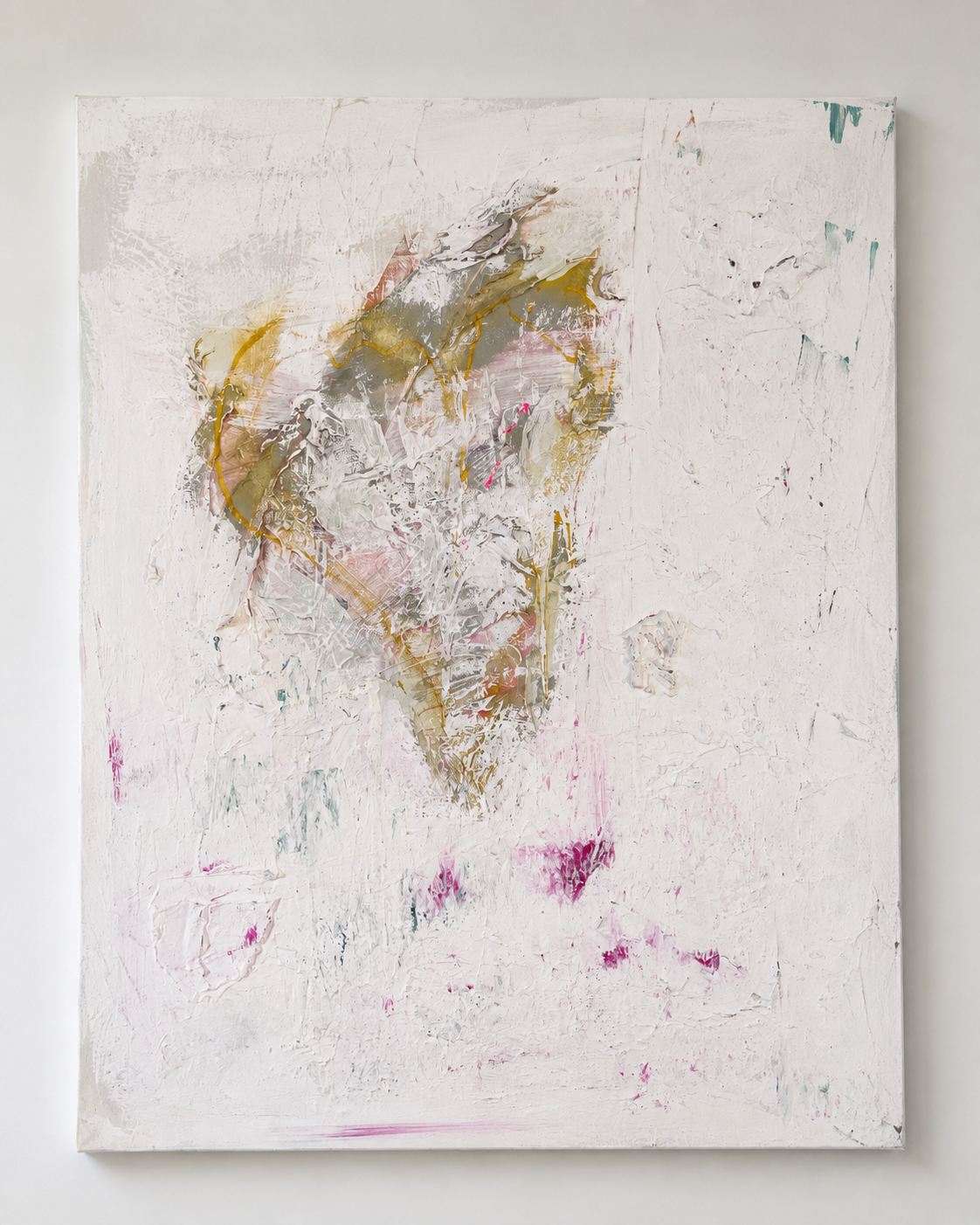 Original abstract painting Whispers of the Heart by Victoria Lorenz, featuring a softly textured heart in white, blush pink, warm neutral and gold tones.