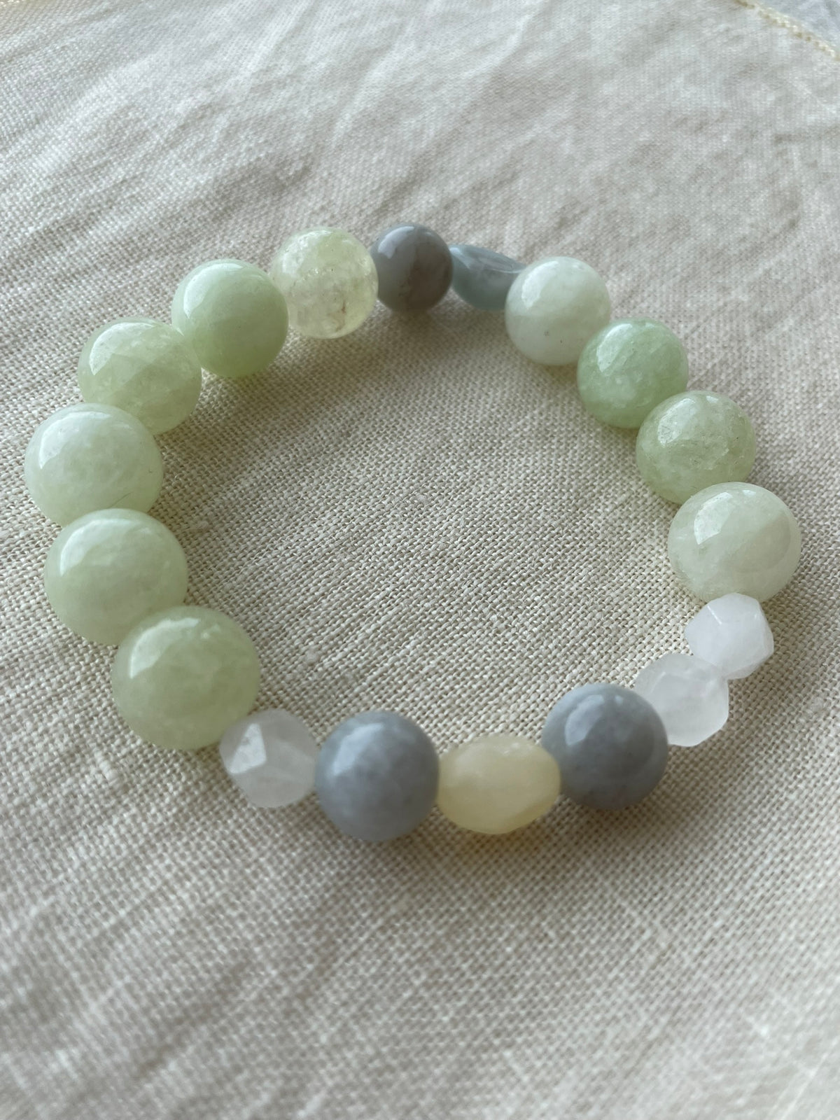 Serene Balance handmade gemstone bracelet displayed in a circle, highlighting its harmonious natural colour palette.