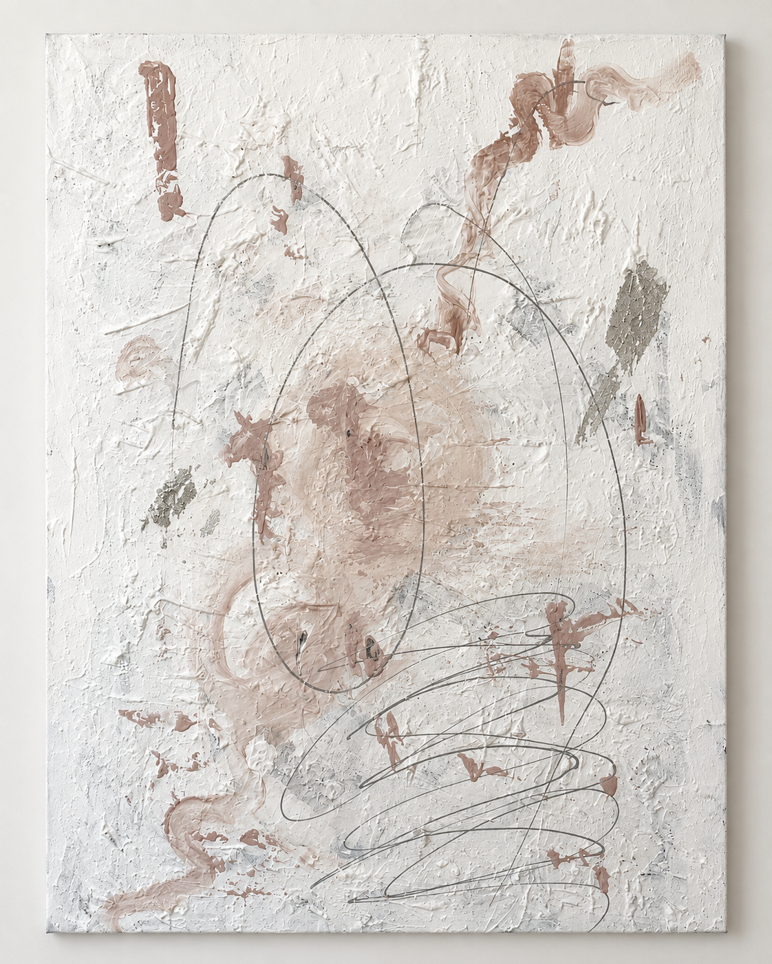 Original abstract painting Soft Tension by Victoria Lorenz with warm ivory, dusty blush, stone grey and subtle metallic tones.