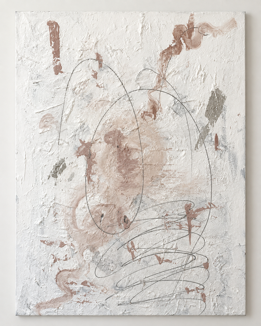 Original abstract painting Soft Tension by Victoria Lorenz with warm ivory, dusty blush, stone grey and subtle metallic tones.
