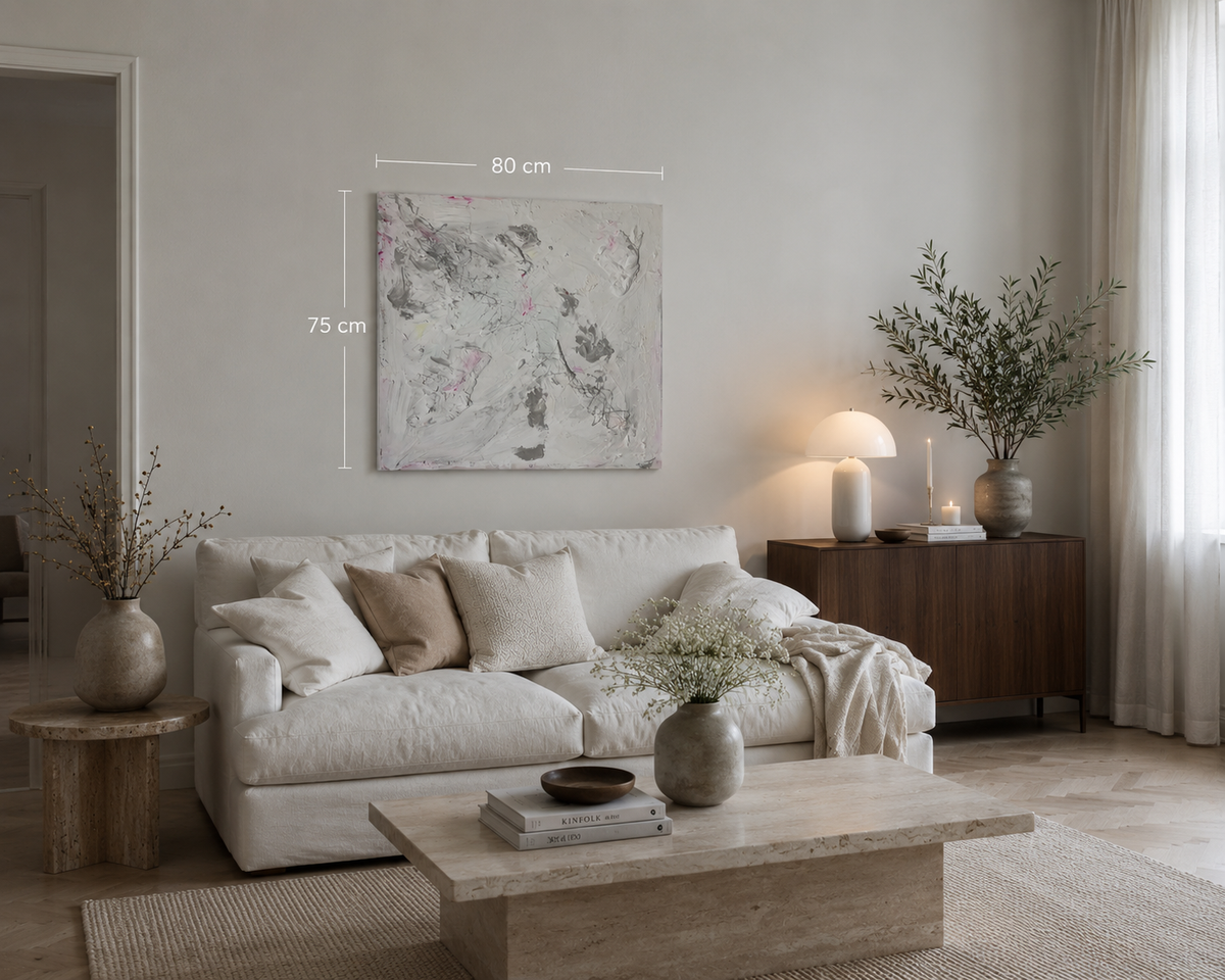 Soft Whispers original abstract painting displayed in an elegant neutral contemporary interior.