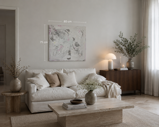 Soft Whispers original abstract painting displayed in an elegant neutral contemporary interior.