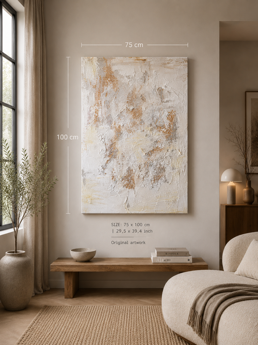 Soft Serenity original abstract painting displayed in a warm Scandinavian-inspired interior.