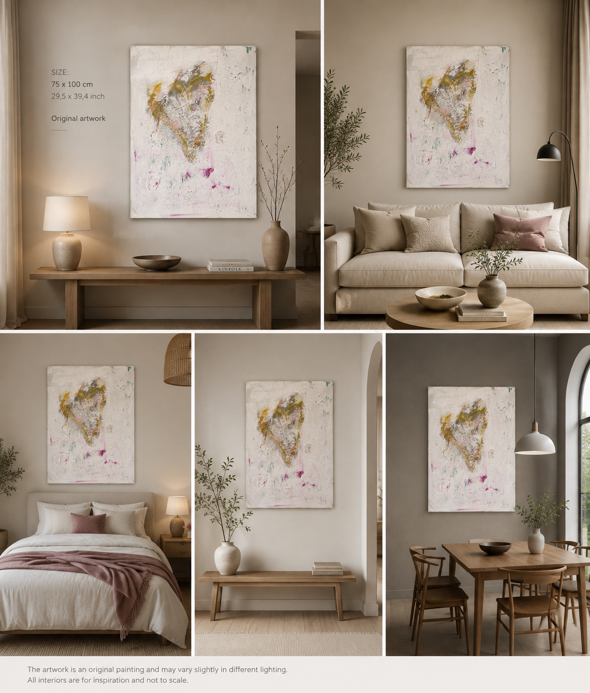 Whispers of the Heart abstract artwork styled in a warm contemporary interior with neutral furnishings.