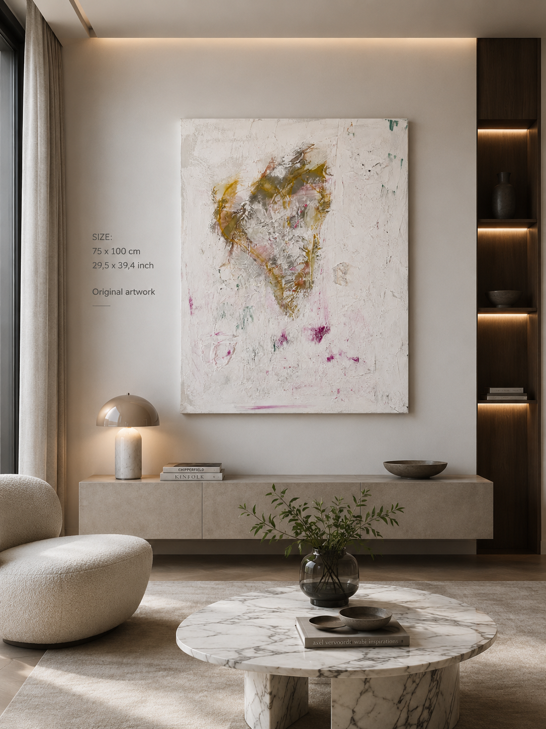 Whispers of the Heart original abstract painting displayed in an elegant Scandinavian-inspired interior.
