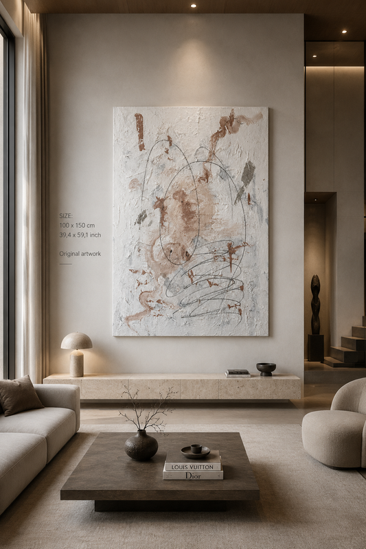 Soft Tension original abstract painting displayed in an elegant Scandinavian-inspired interior.
