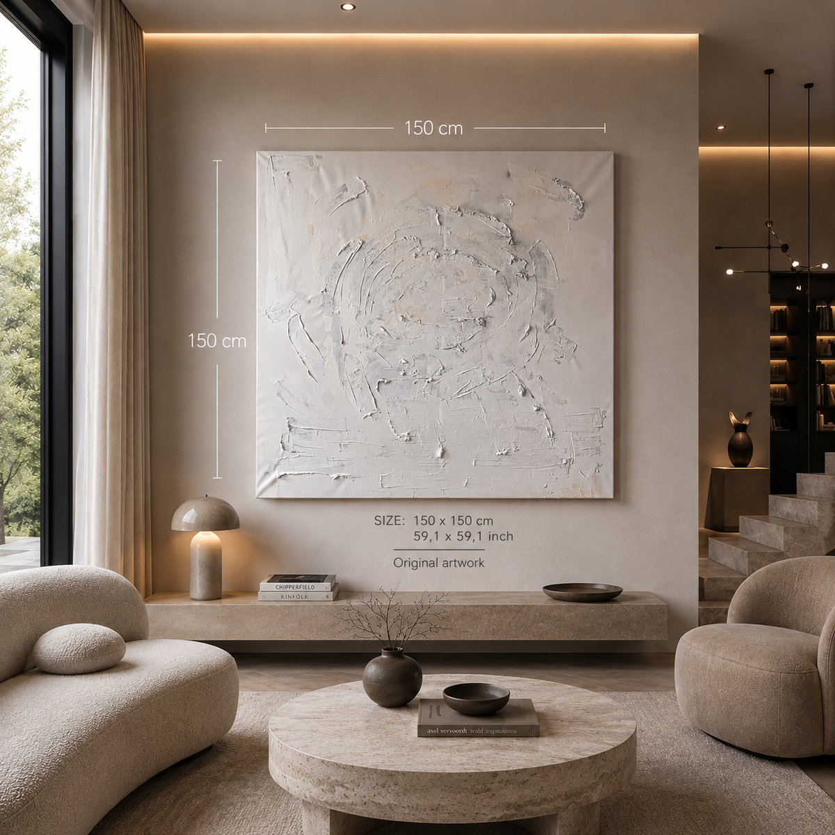 Quiet Harmony original abstract painting by Victoria Lorenz displayed in an elegant contemporary living room, 150 x 150 cm