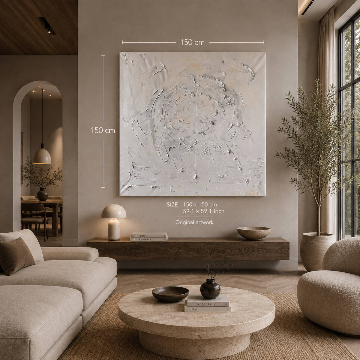 Large Quiet Harmony original abstract painting displayed in a modern living room, showing textured swirling brushstrokes in soft ivory, light grey, beige and subtle golden tones, with 150 cm × 150 cm dimensions.