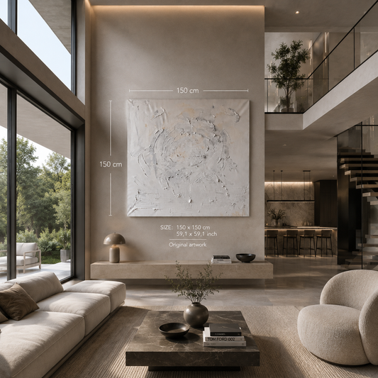 Quiet Harmony original abstract painting by Victoria Lorenz displayed in a modern neutral-toned interior, 150 x 150 cm