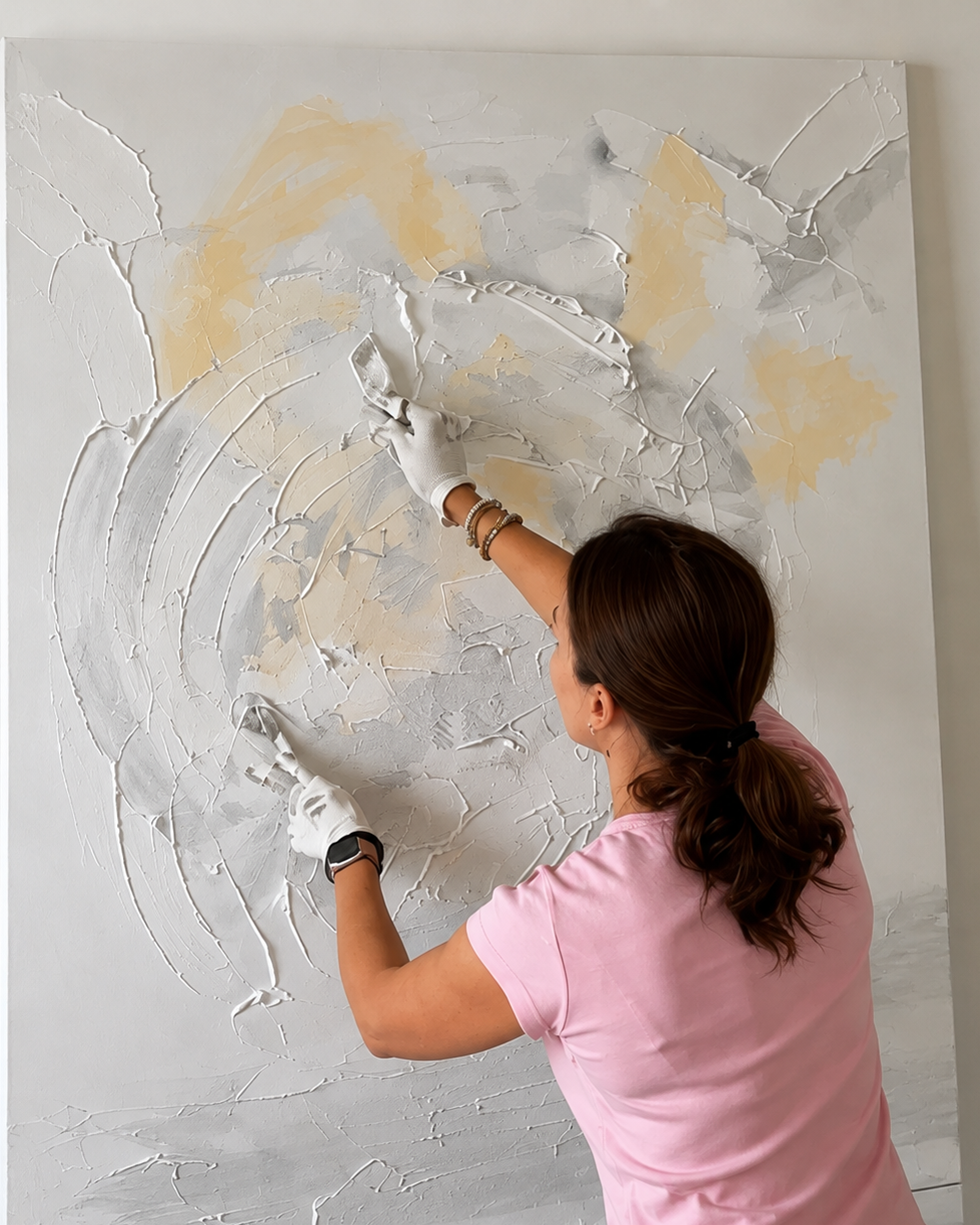 Victoria Lorenz creating an original abstract painting in her Danish studio