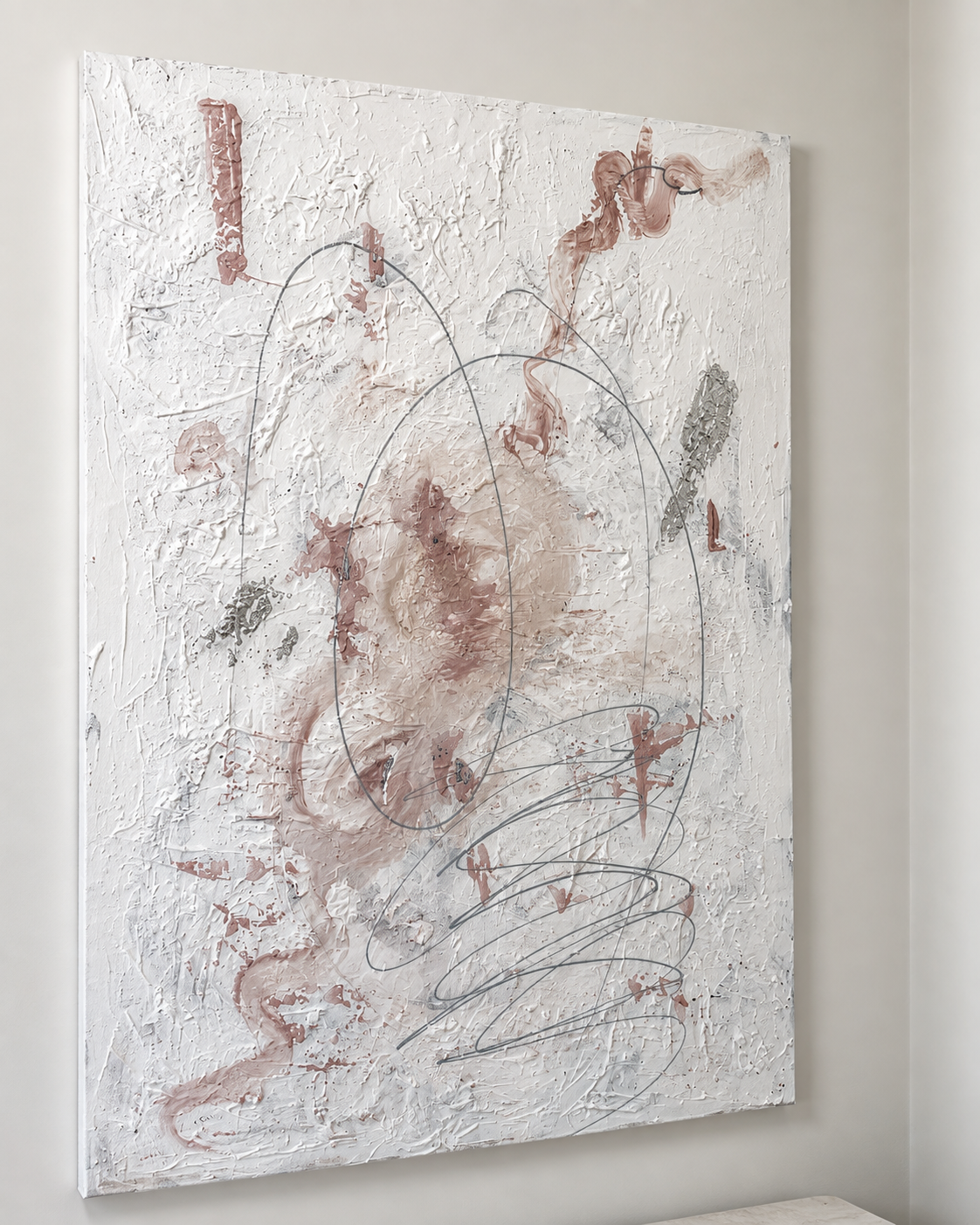 Textured detail of Soft Tension with delicate blush, warm ivory and soft stone grey tones.