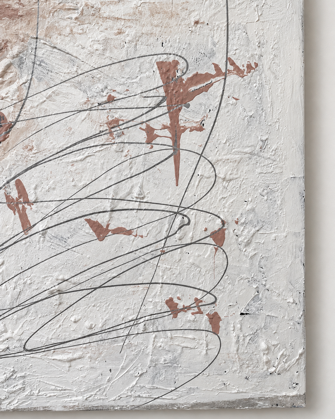 Close-up of Soft Tension showing layered textures, expressive lines and soft blush and grey tones.