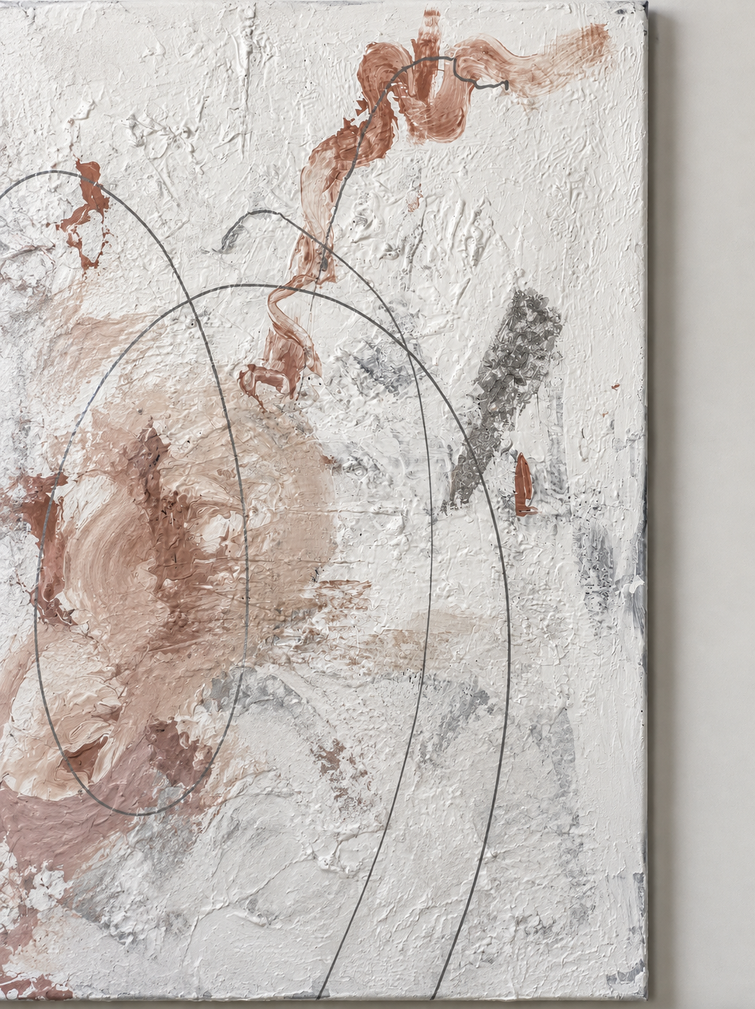 Detailed view of the textured surface of Soft Tension with palette-knife marks and subtle metallic accents.