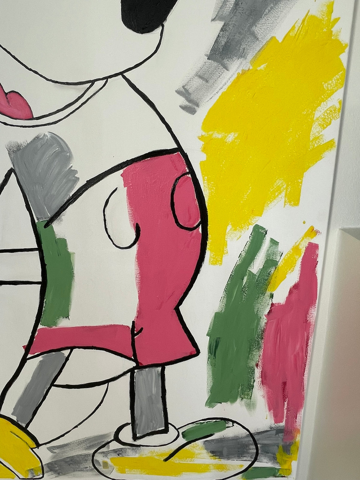Abstract painted artwork featuring a stylized figure outlined in black, with bold brushstrokes in yellow, green, pink, gray, and white.