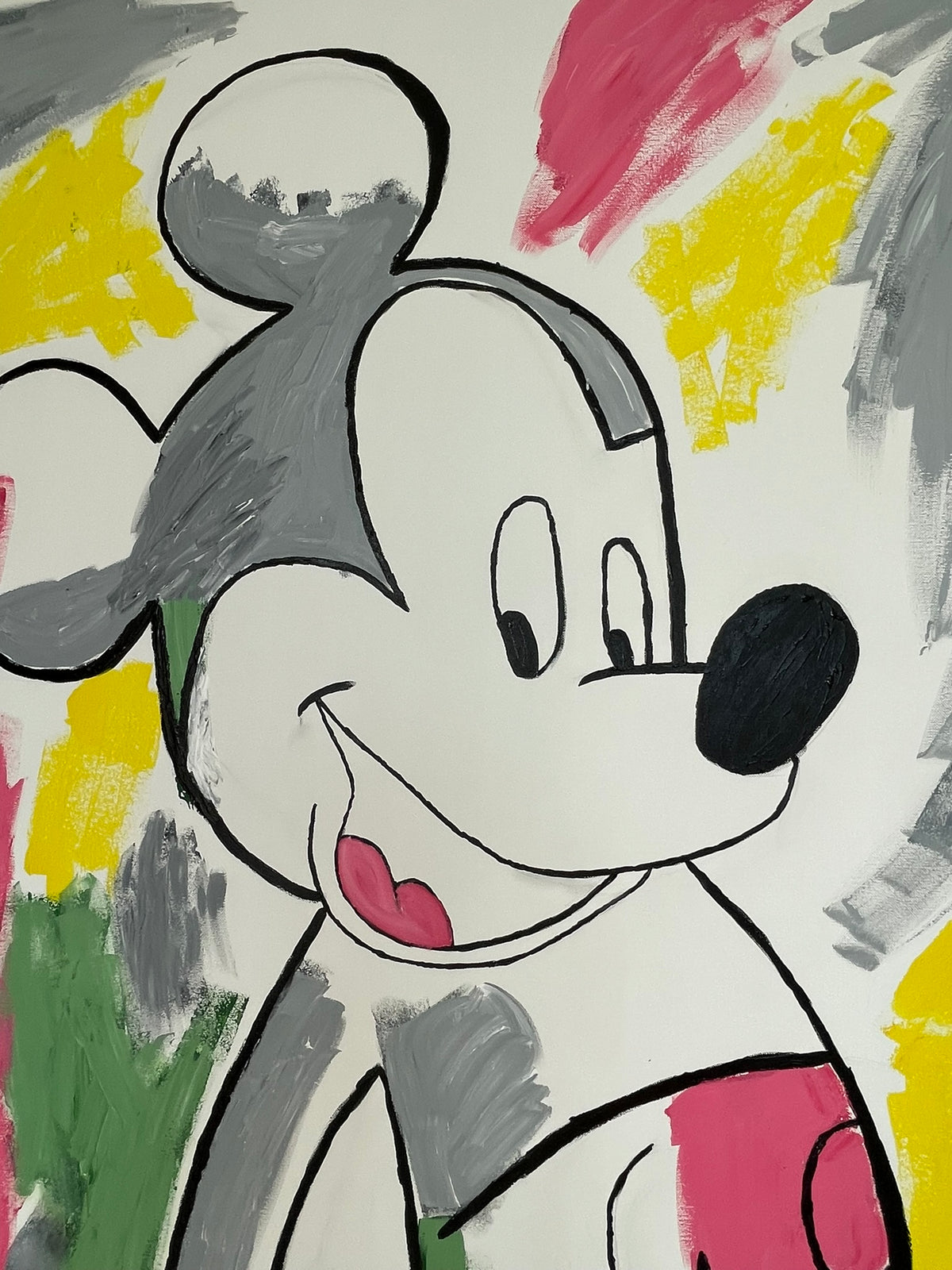 A colorful painted portrait of Mickey Mouse on a white canvas with abstract brushstrokes in gray, yellow, pink, green, and black.