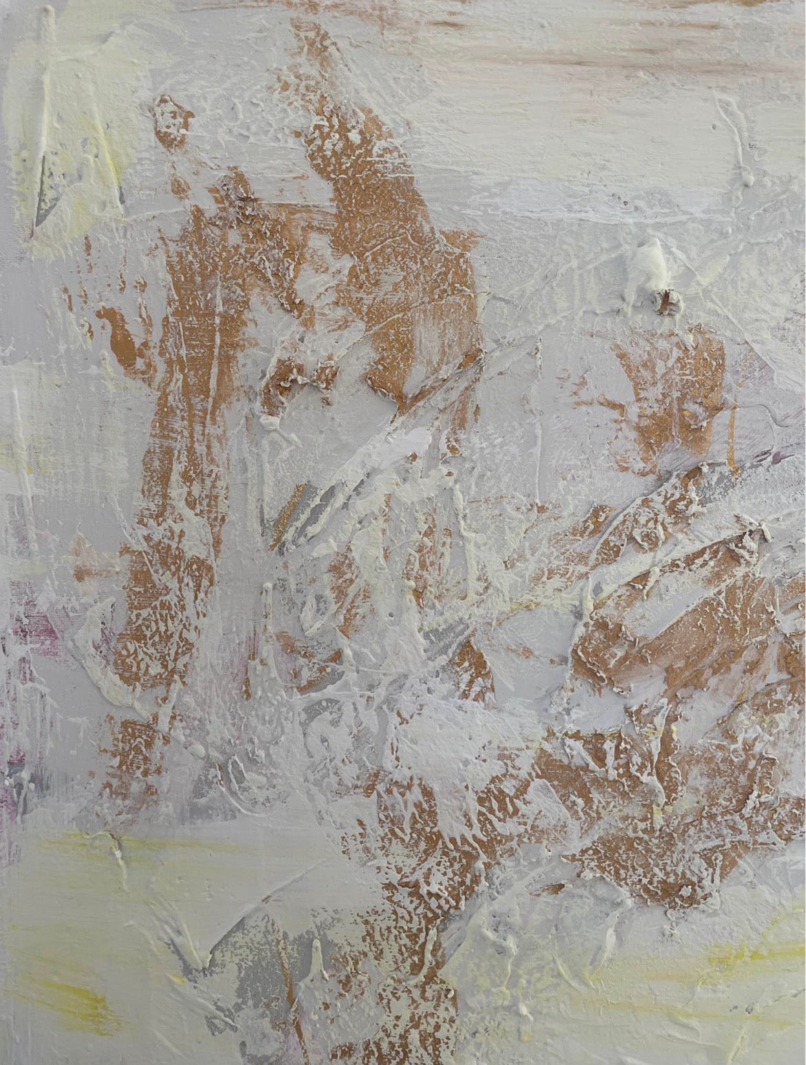 Close-up of Soft Serenity showing layered texture and expressive marks in ivory, beige and taupe.