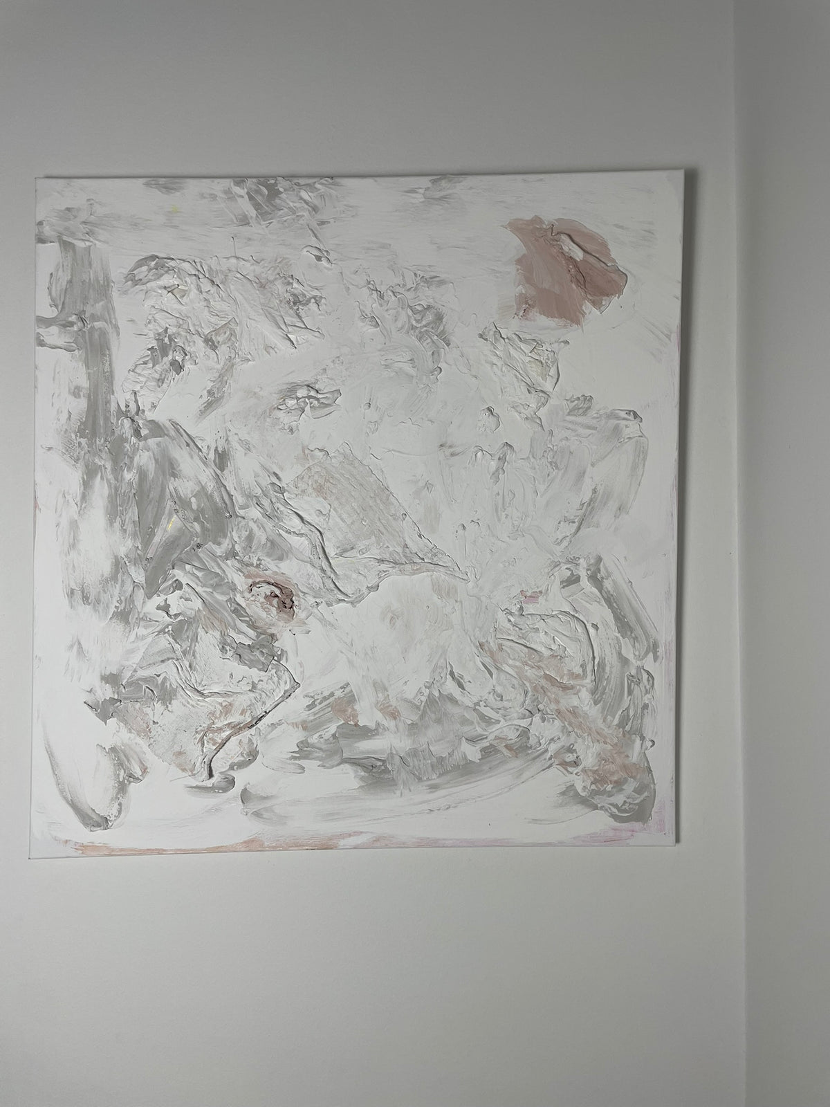 Original abstract painting Quiet Traces by Victoria Lorenz in soft white, warm grey and delicate blush tones with layered texture.