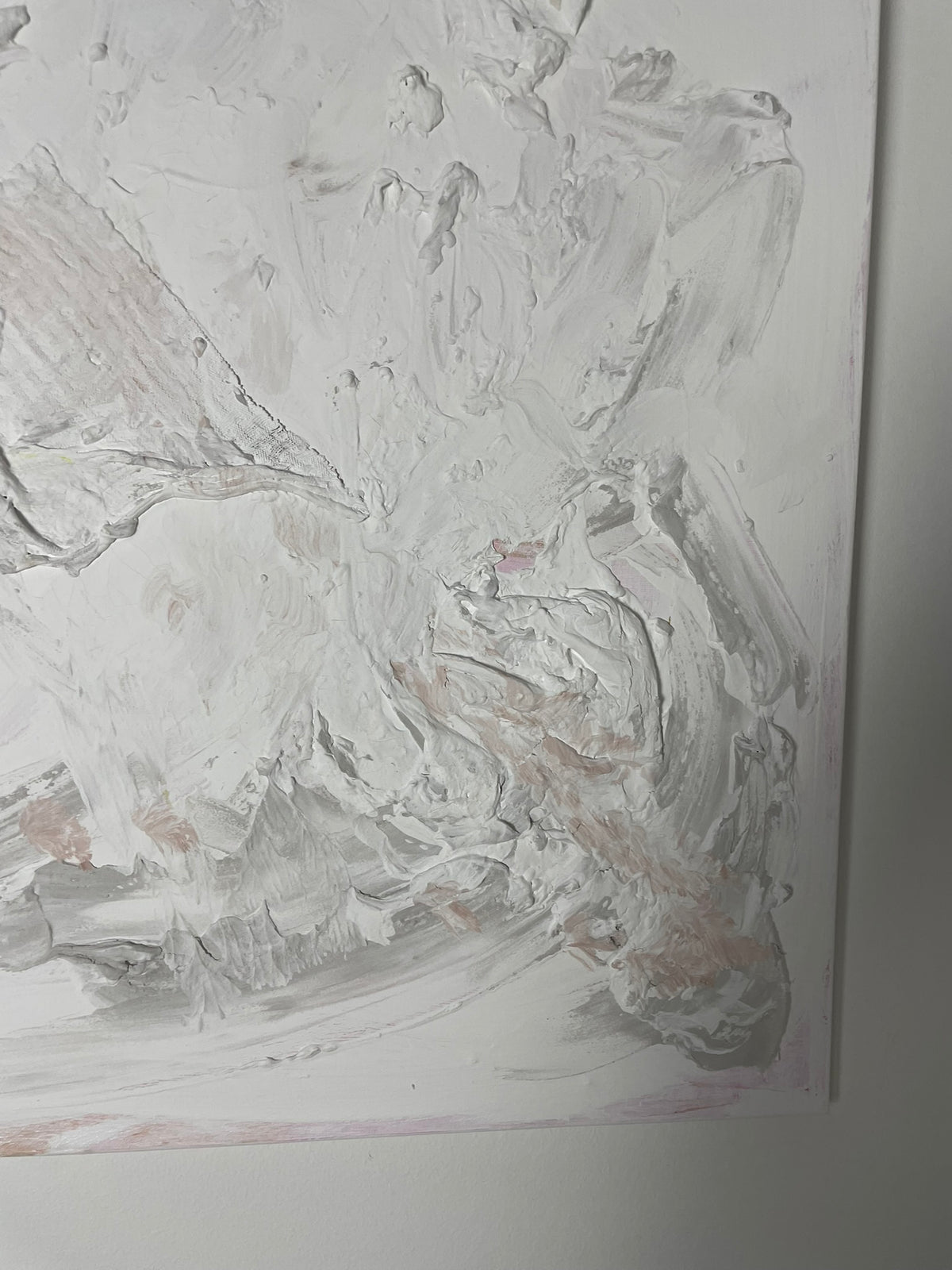 Close-up of Quiet Traces showing layered white and grey textures with delicate blush tones.
