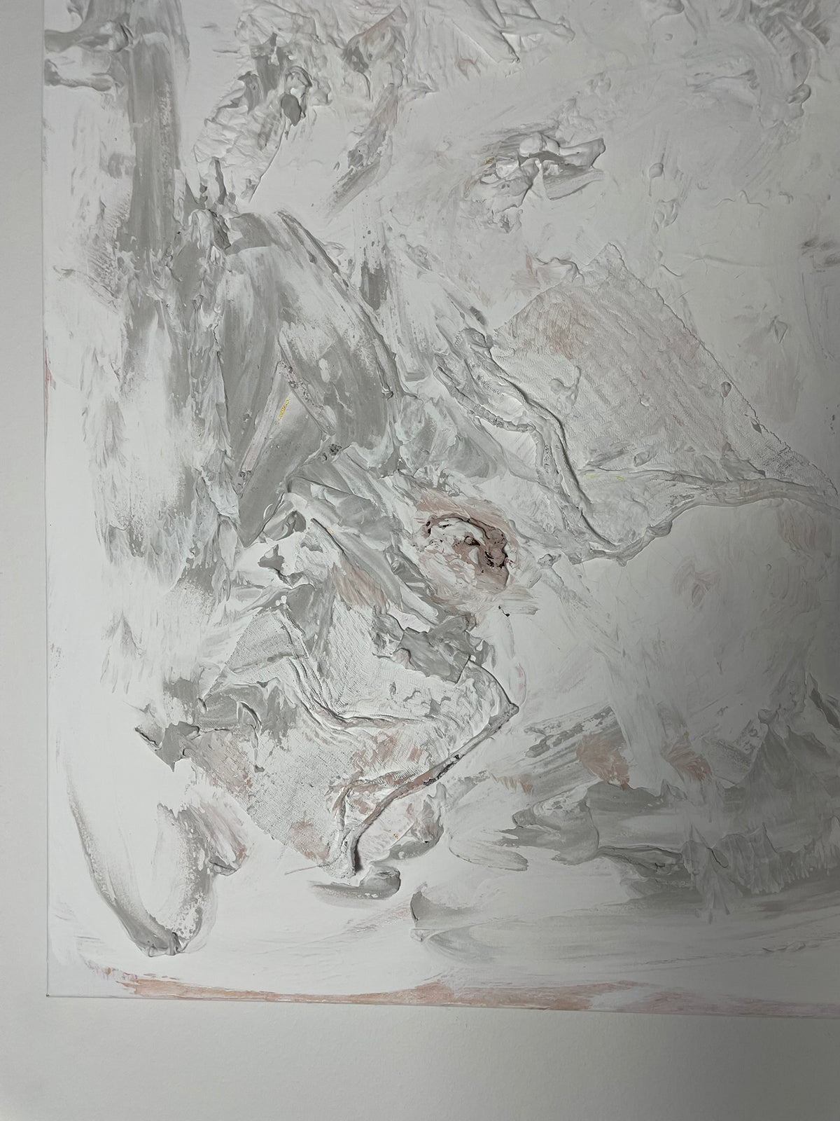 Detailed view of the textured brushstrokes and expressive marks in Quiet Traces abstract painting.