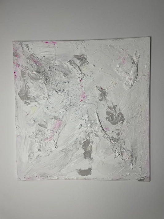 Original abstract painting Soft Whispers by Victoria Lorenz, featuring soft white, light grey and subtle blush pink tones with layered texture.