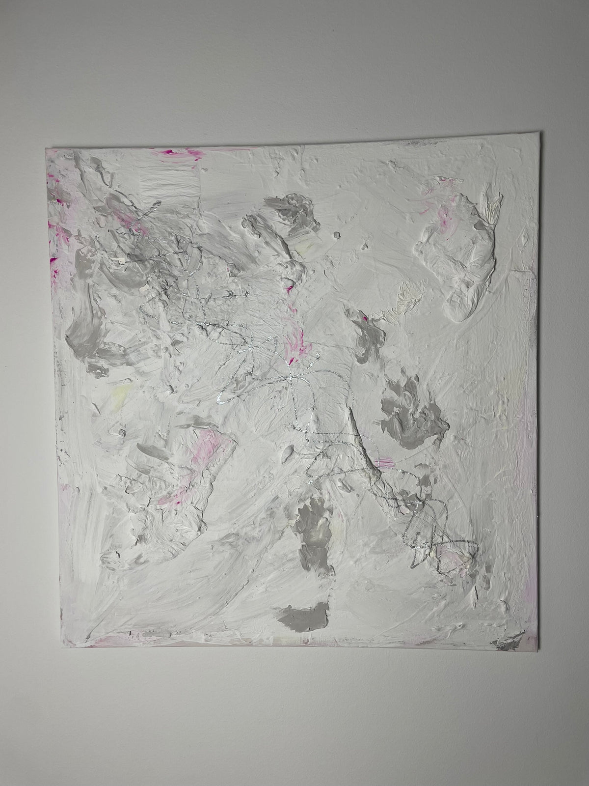 Close-up of Quiet Traces showing fine marks and layered neutral textures across the canvas.