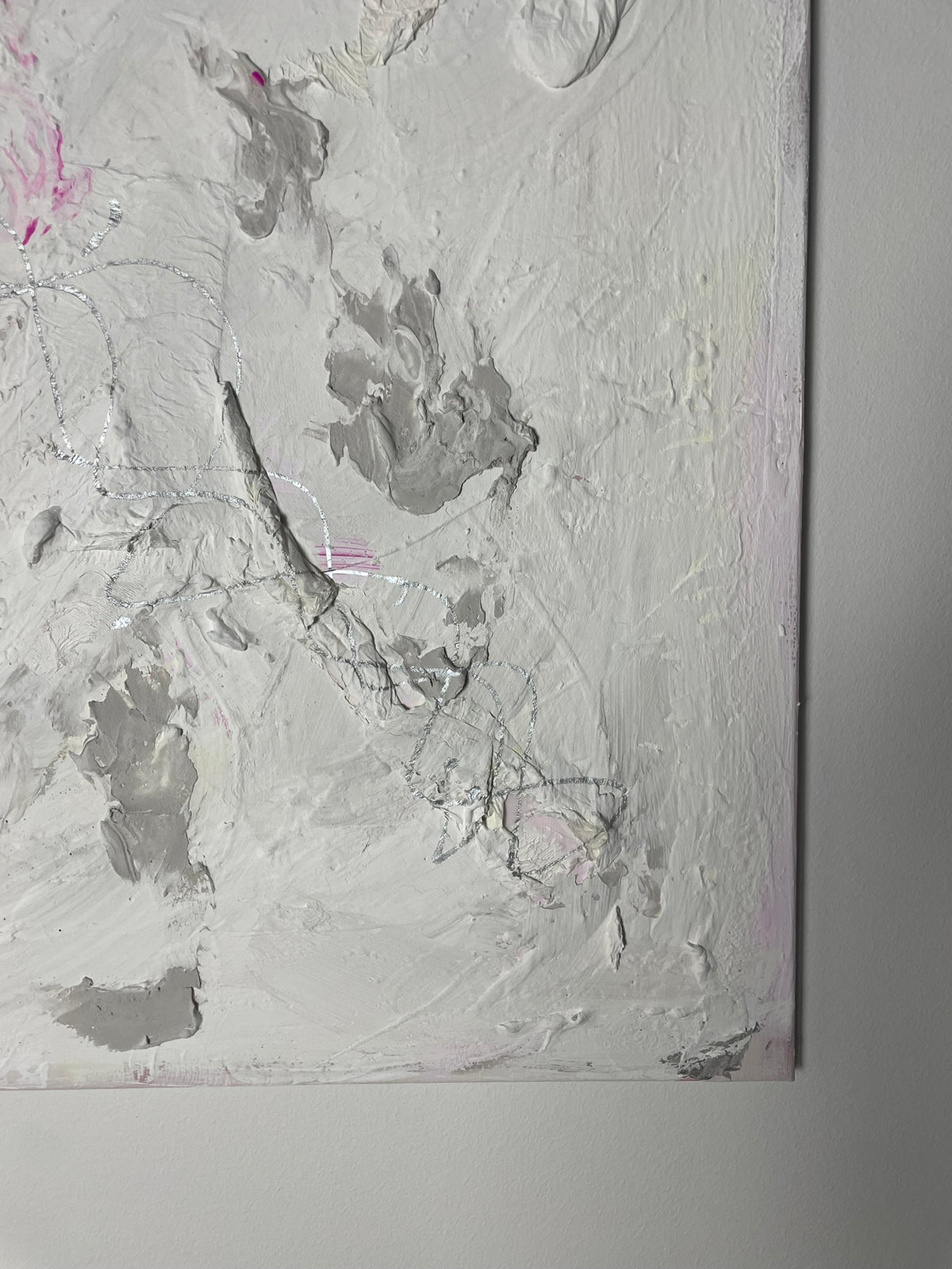 Textured surface of Soft Whispers original abstract artwork with layered neutral tones and expressive brushstrokes.
