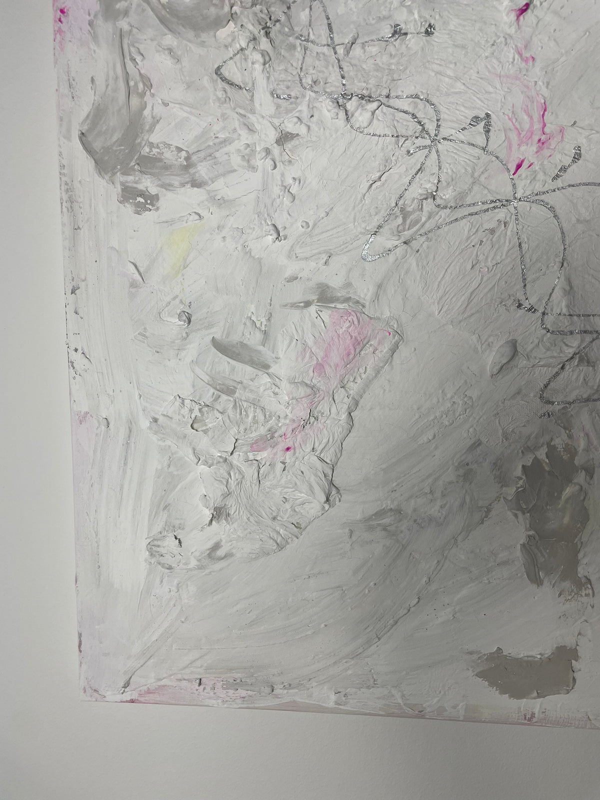 Detailed view of the textured brushstrokes and delicate blush pink and grey tones in Soft Whispers.