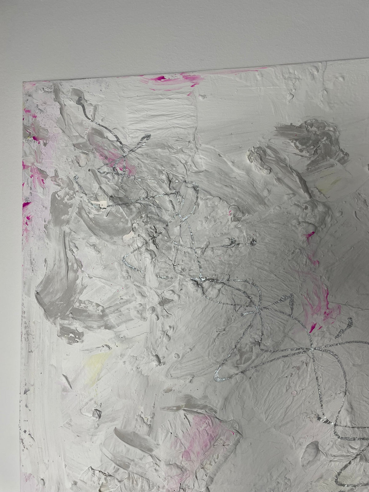 Close-up of the tactile mixed-media texture and subtle pink, grey and white tones of Soft Whispers.