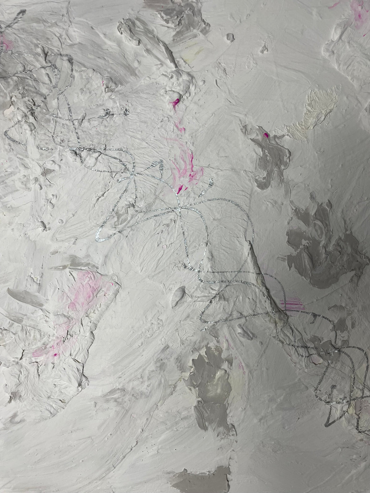 Close-up of Soft Whispers abstract painting showing layered white, grey and subtle blush pink textures.