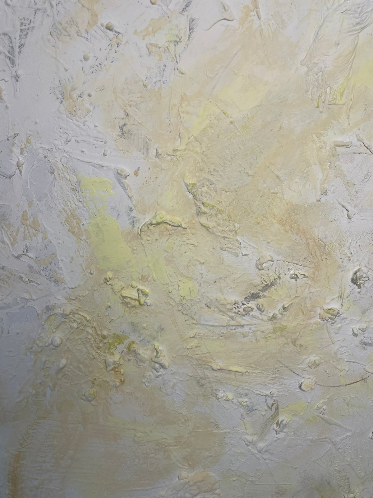 Close-up of Whispers of Light showing layered texture and expressive brushstrokes in white, ivory and soft beige