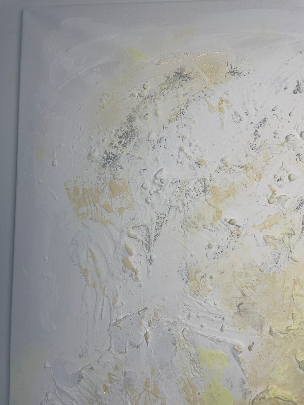 Close-up of textured brushstrokes and subtle golden tones in Whispers of Light by Victoria Lorenz