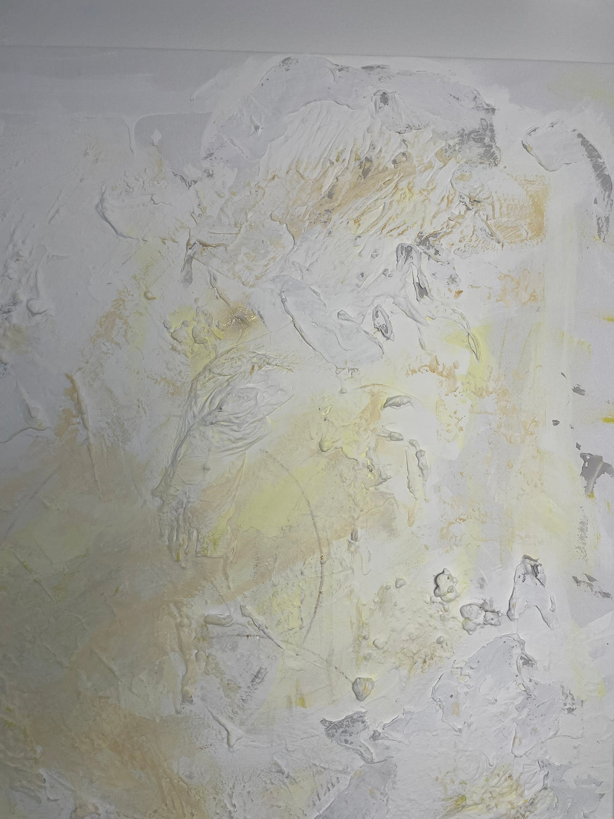 Detailed texture of Whispers of Light original abstract painting with layered white and muted golden marks
