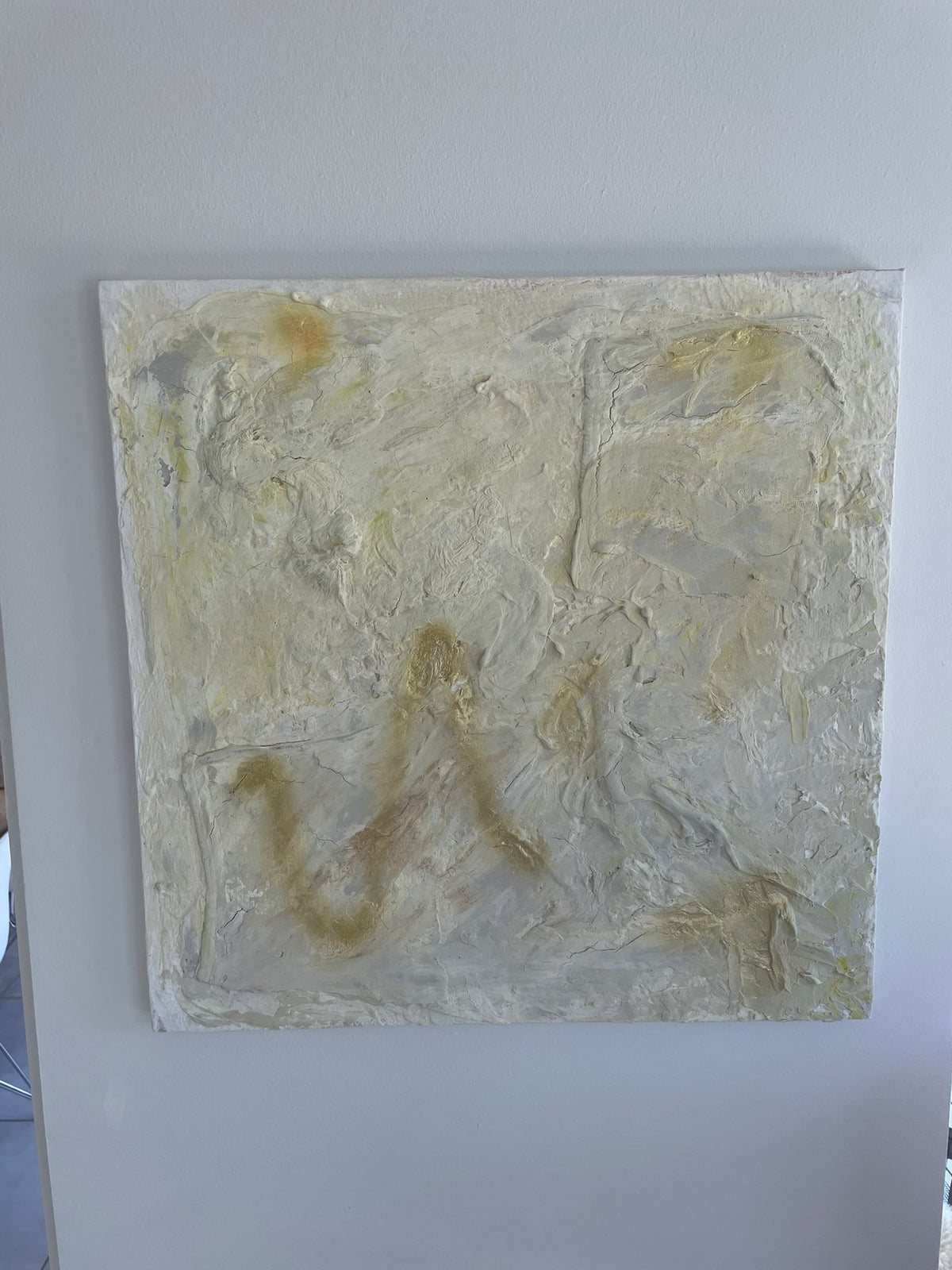 Original abstract painting Golden Traces by Victoria Lorenz in soft white, warm grey, beige and muted golden tones.