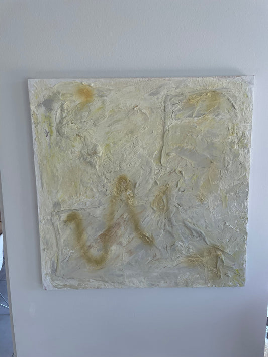 Original abstract painting Golden Traces by Victoria Lorenz in soft white, warm grey, beige and muted golden tones.
