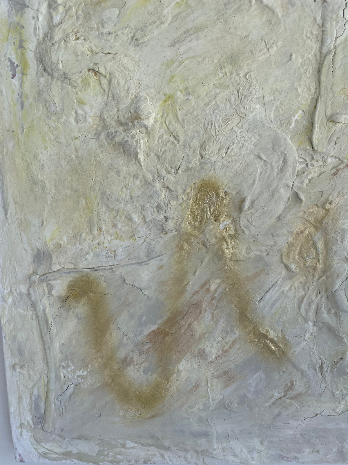 Detail of Golden Traces with textured brushstrokes in white, beige, grey and soft gold.