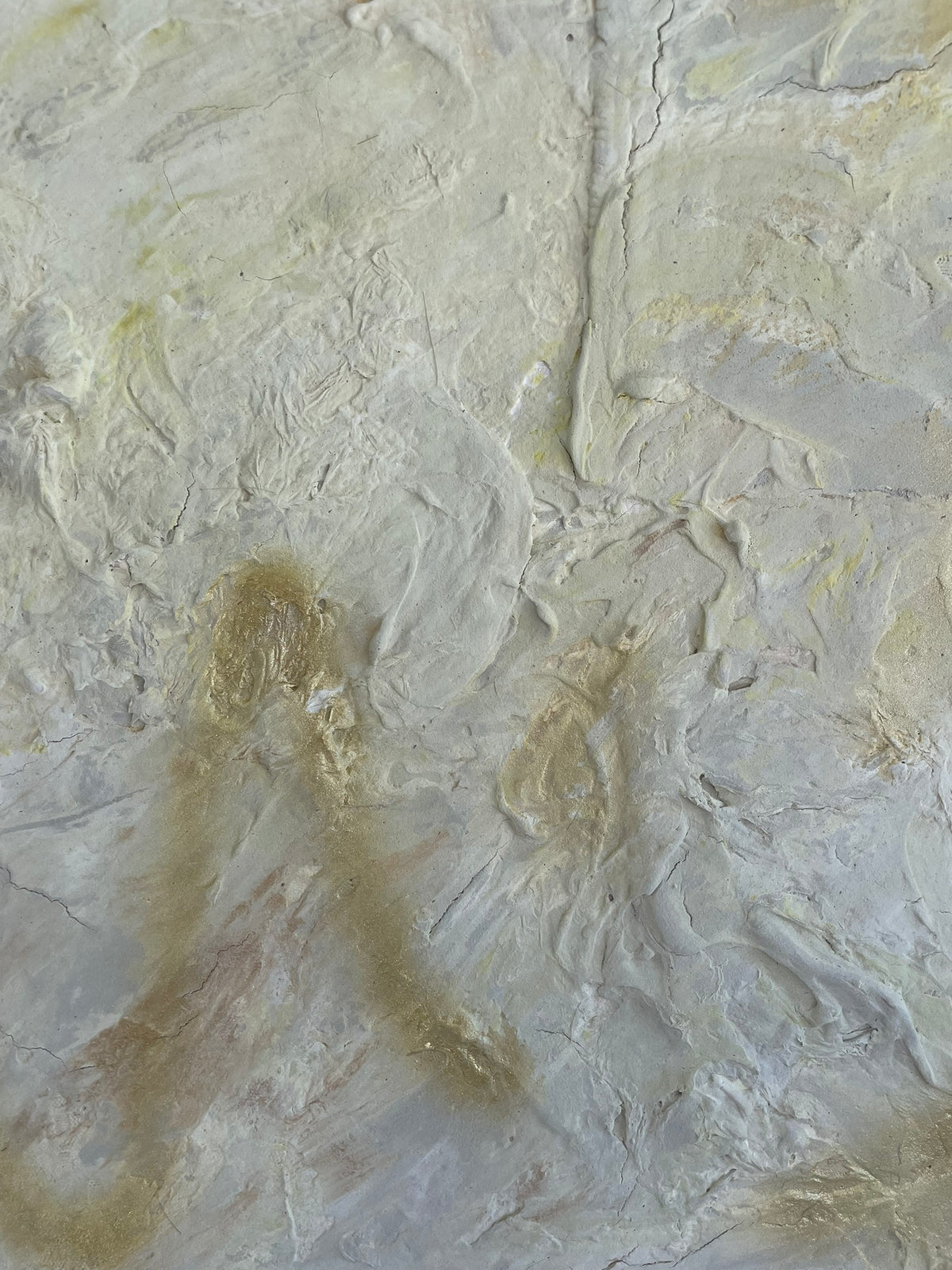 Close-up of Golden Traces showing layered textures, expressive marks and subtle golden tones.