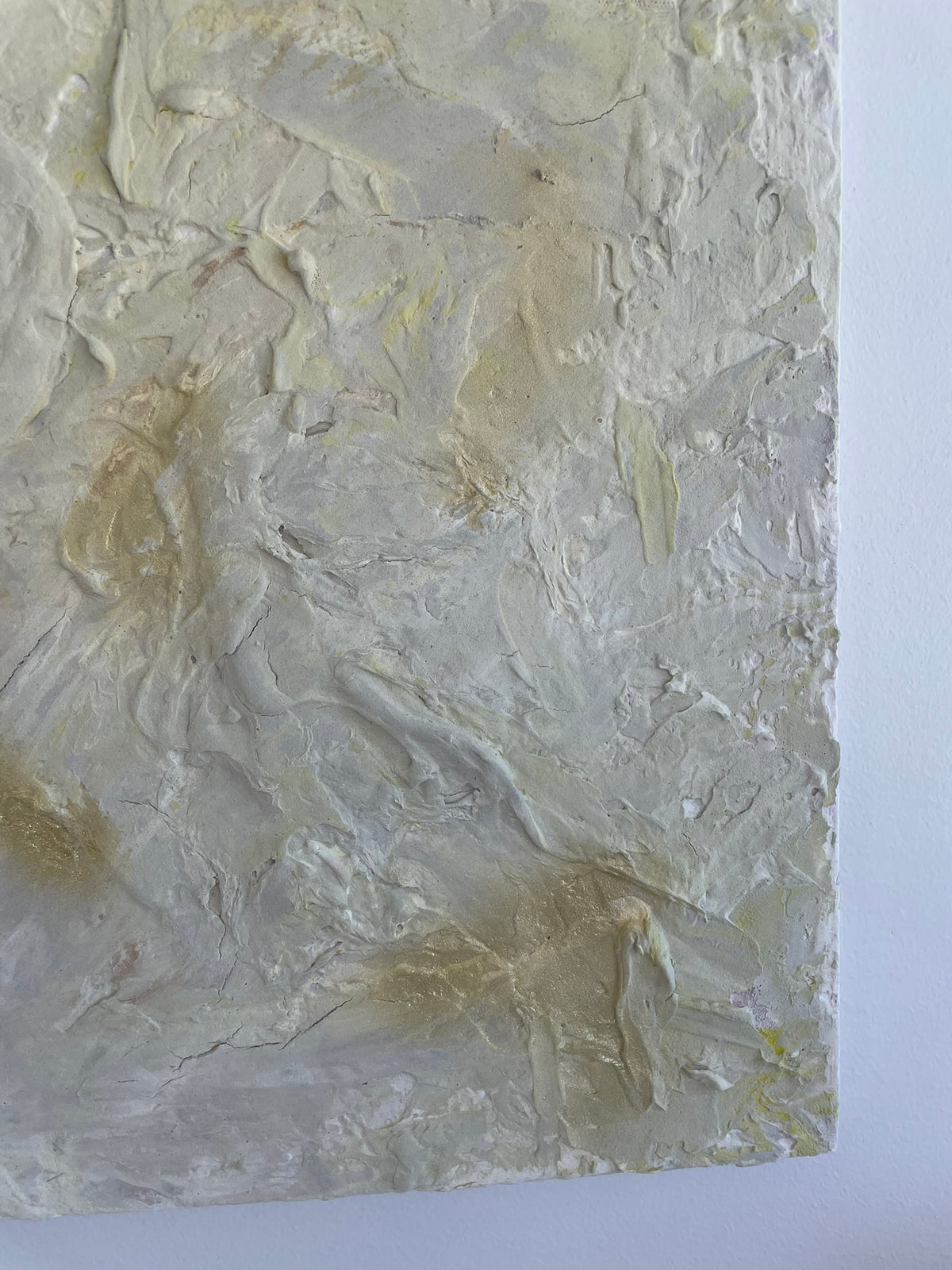 Close-up detail of the original abstract painting Golden Traces with layered mixed-media texture.