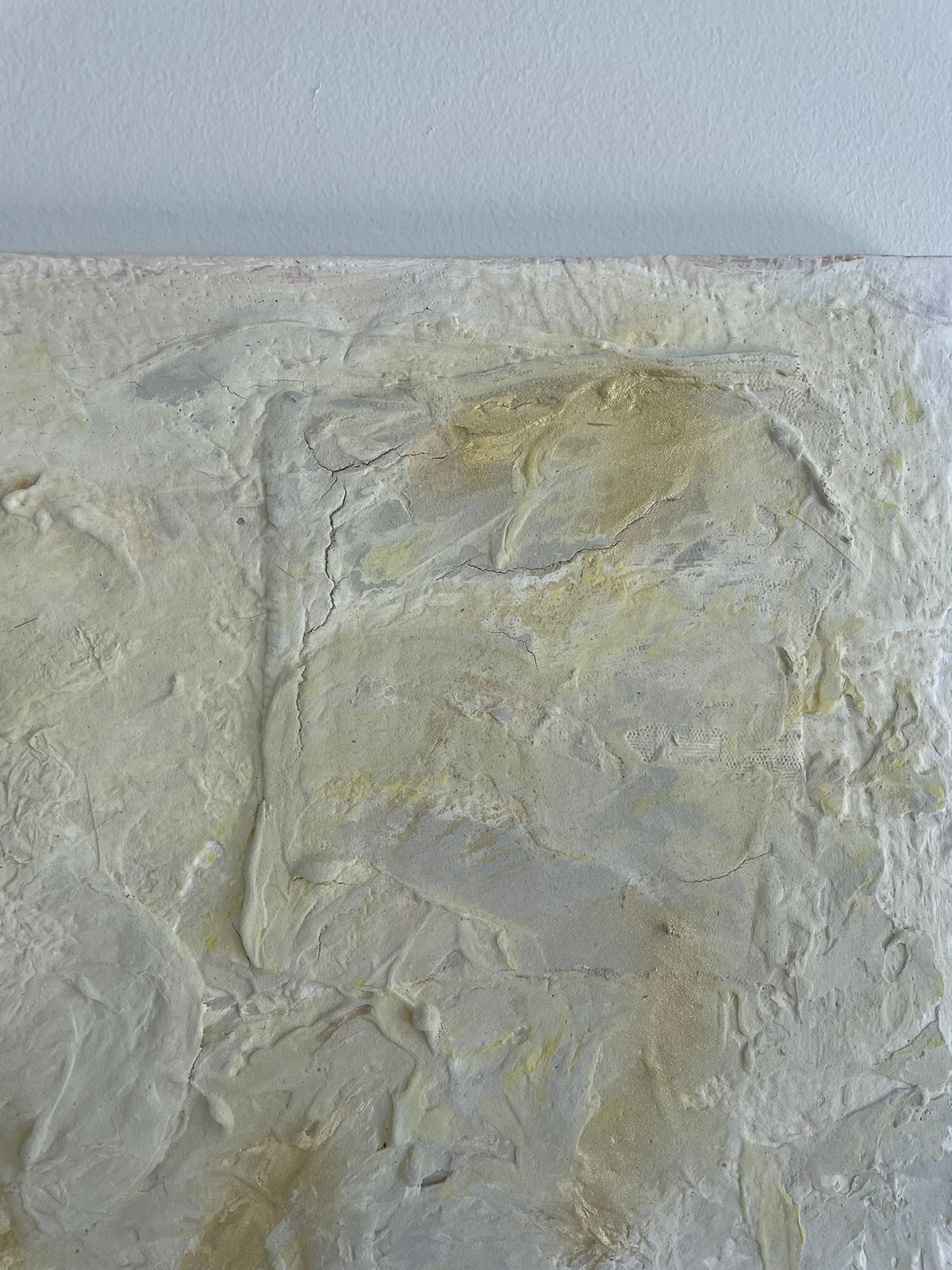 Detail of Golden Traces with textured brushstrokes in white, beige, grey and soft gold.