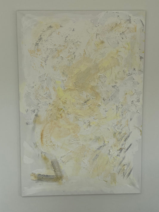 Whispers of Light original abstract painting by Victoria Lorenz in soft white, warm ivory, beige and muted golden tones with layered texture