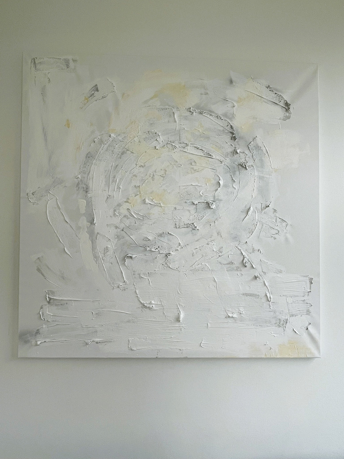 Quiet Harmony original abstract painting by Victoria Lorenz, handmade in Denmark in soft ivory, white and subtle golden tones with layered texture