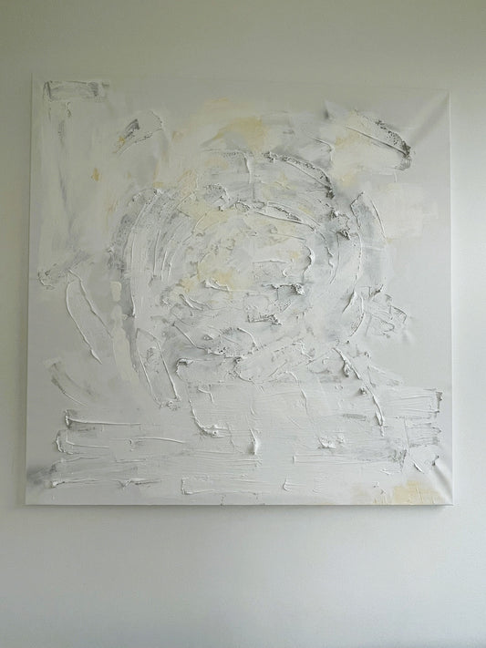 Quiet Harmony original abstract painting by Victoria Lorenz, handmade in Denmark in soft ivory, white and subtle golden tones with layered texture