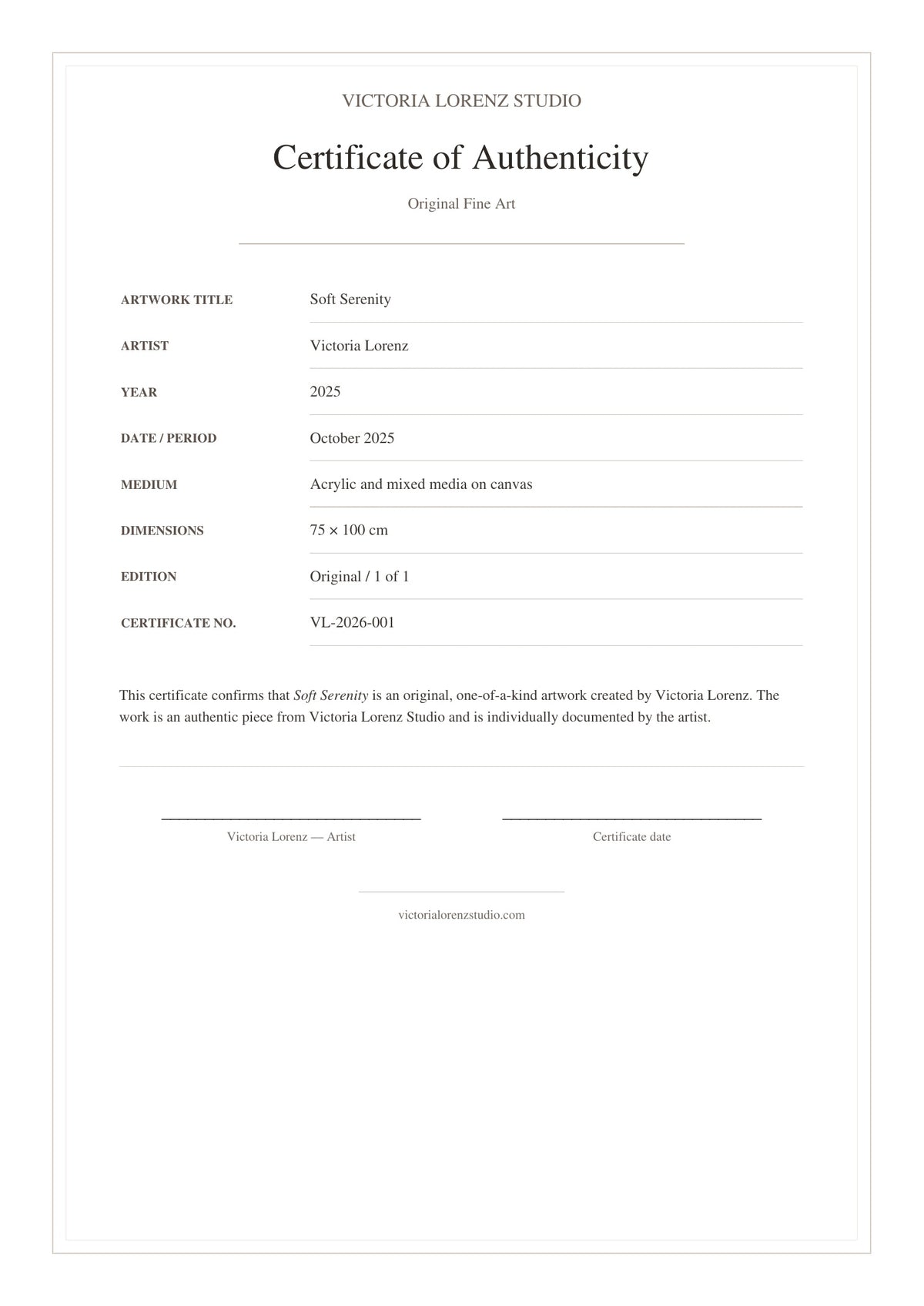 Certificate of authenticity for Soft Serenity, an original abstract painting by Victoria Lorenz.