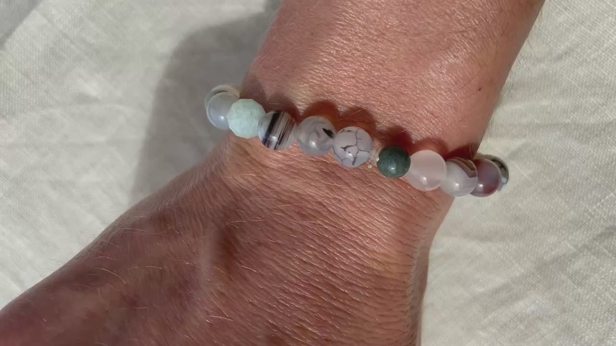Video showing the Forest Coast natural gemstone bracelet worn on the wrist, highlighting its natural colours and gemstone details.