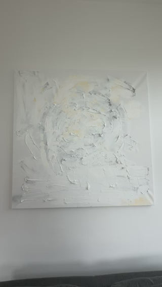 Quiet Harmony original abstract painting by Victoria Lorenz shown in full, featuring textured ivory, light grey, beige and subtle golden tones.